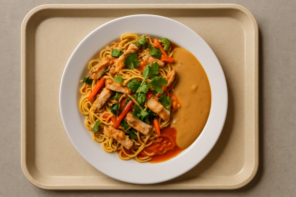 Asia Nudelpfanne mit Hähnchen, frischem Gemüse und Koriander süß-saure Asia-Soße Erdnusssoße (AI Generated)