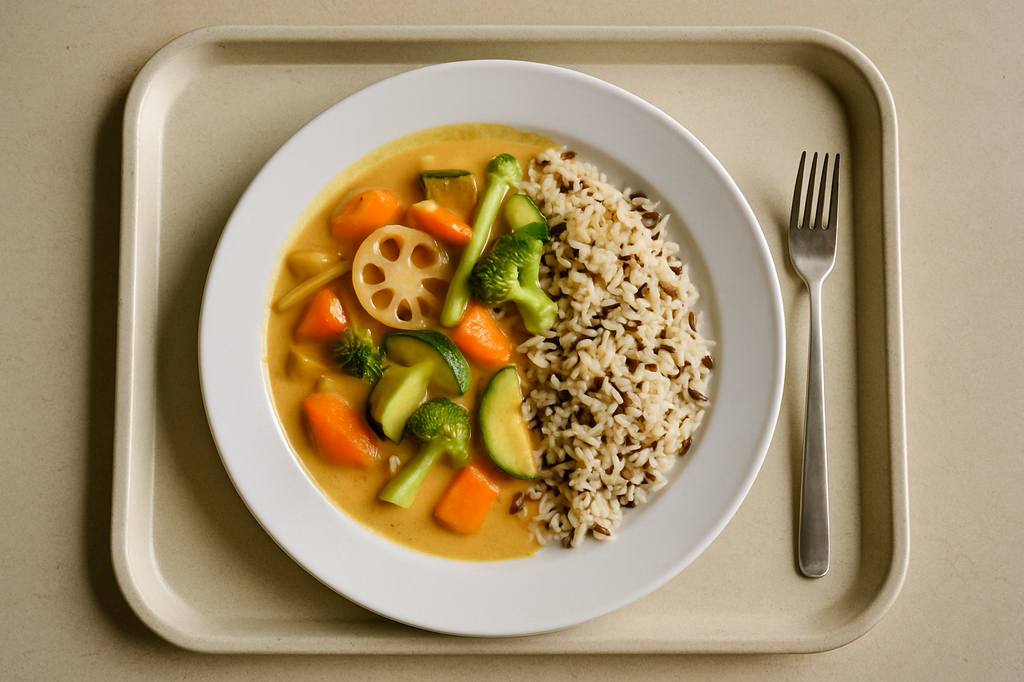 Mildes "Thai Curry" in Kokosmilch mit frischem Gemüse, Lotuswurzeln & Zitronengras dazu Wildreis (AI Generated)