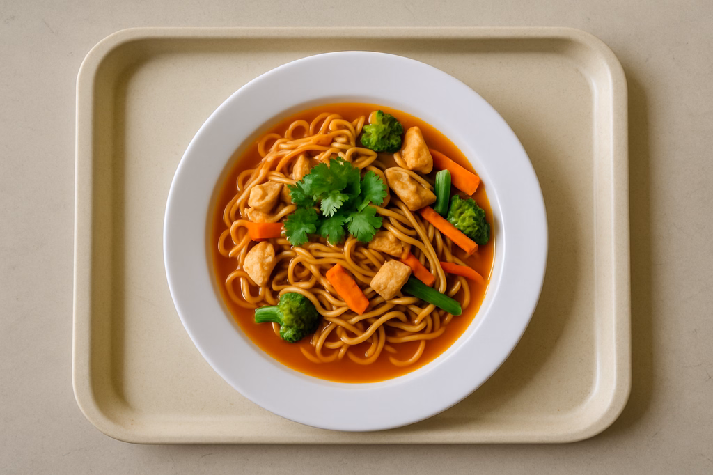 Asia Nudelpfanne mit Hähnchen, frischem Gemüse, Koriander und freier Soßenauswahl Asia süß-saure Soße Thai Kokoscurrysoße (AI Generated)