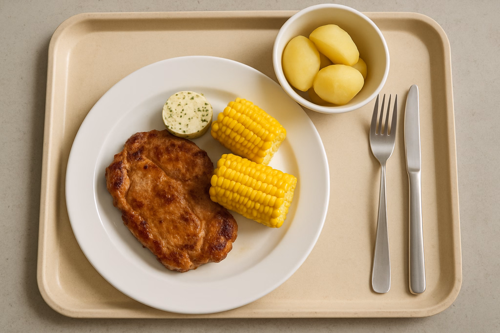 Schweinenackensteak vom Grill mit Maiskolben und Kräuterbutter (AI Generated)