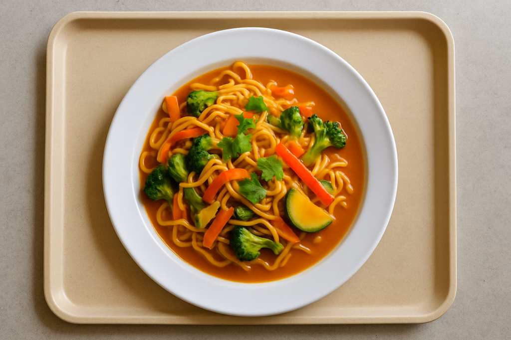 Asia Nudelpfanne mit frischem Gemüse & Koriander mit süß-saure Asia-Soße Erdnusssoße (AI Generated)