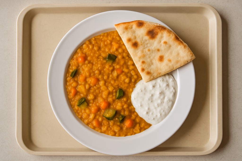 Rotes Linsen Dal mit Gemüse und Ingwer, veganer Joghutsoße & Fladenbrot (AI Generated)