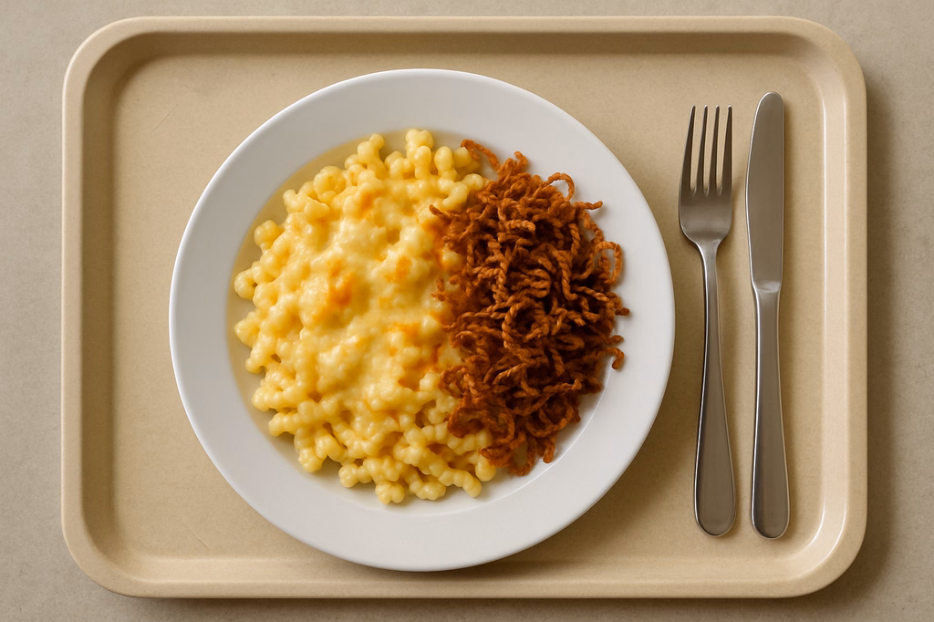 Allgäuer Käsespätzle mit Emmentaler & Bergkäse überbacken dazu Röstzwiebeln (AI Generated)