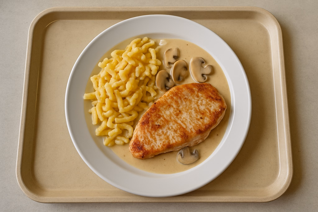 Putenbruststeak vom Grill mit Rahmsoße von frischen Champignons & l Butterspätzle aus der Pfanne (AI Generated)