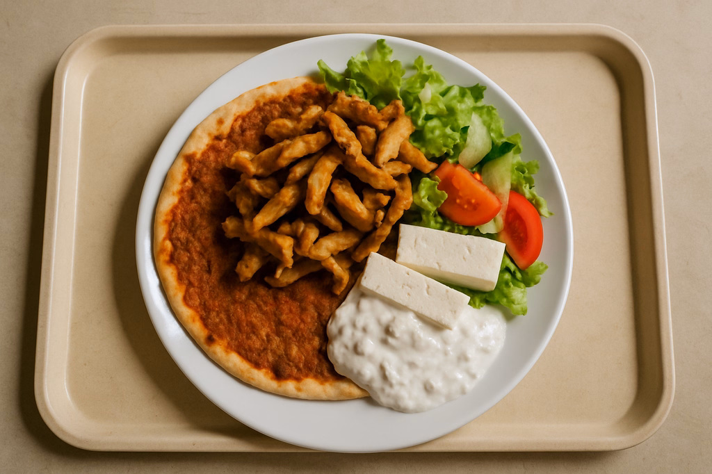Lahmacun mit Hähnchenkebab, Hirtenkäse, Salat und hausgemachtem Tsatsiki (AI Generated)