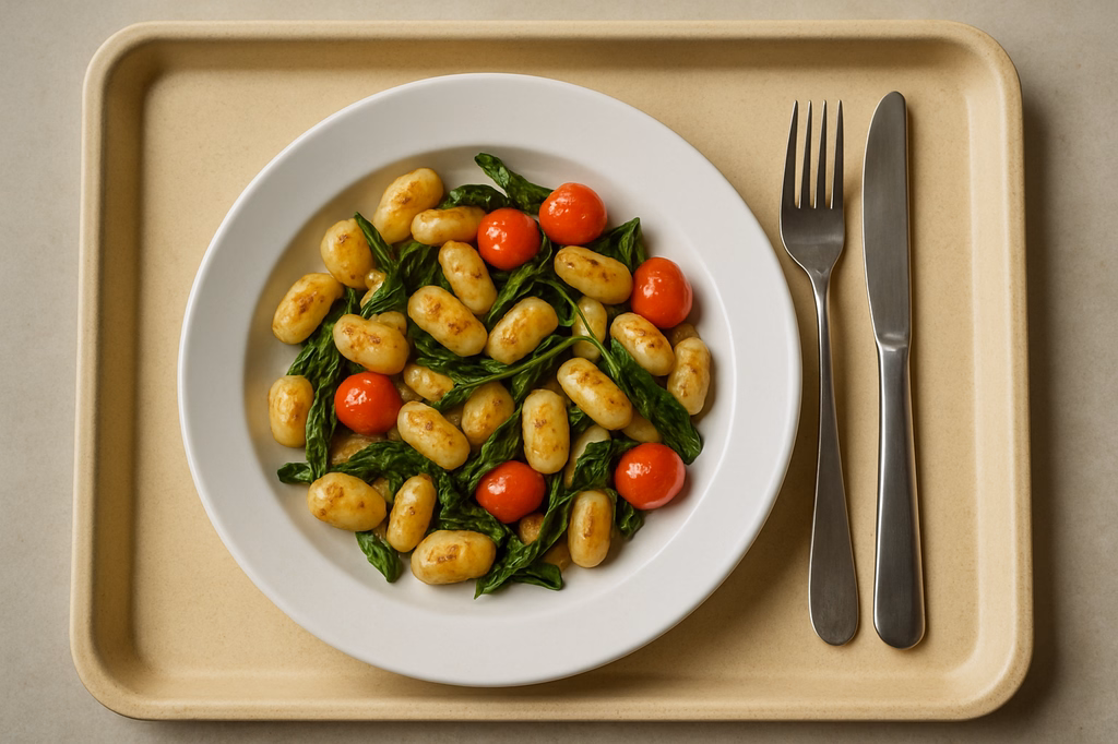 Gnocchi aus der Pfanne mit frischem Bärlauch und Kirschtomaten (AI Generated)