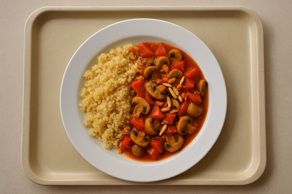 mensaVital: Feurige Pilzpfanne mit Paprika und Mandelstiften, dazu Couscous und (AI Generated)