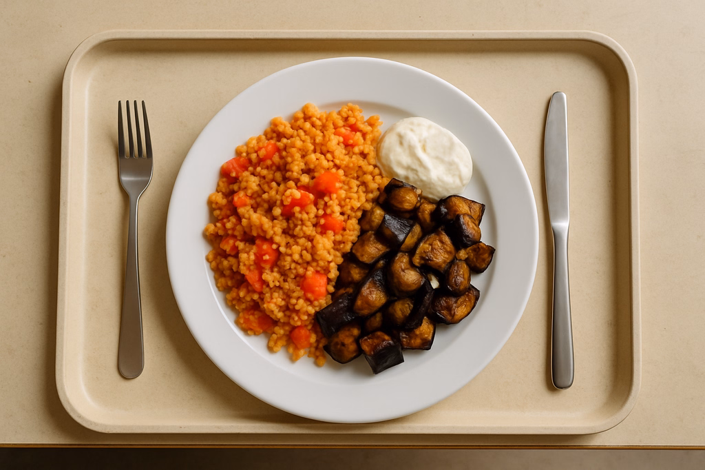Bulgur mit Tomaten, Auberginen und Dip (AI Generated)