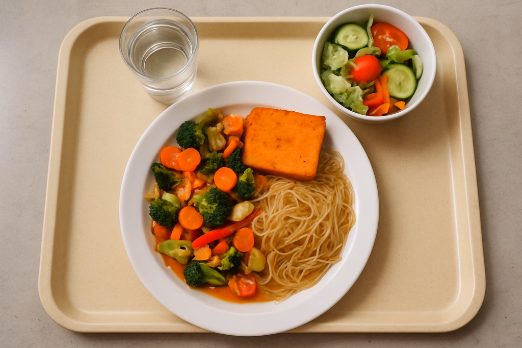 mensaVital: Asiatische Gemüsepfanne mit Süßkartoffelschnitte und Glasnudeln (AI Generated)