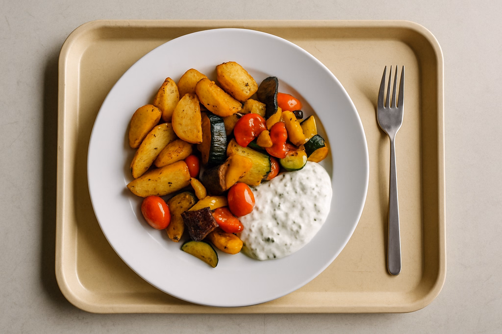 Mediterrane Ofenkartoffeln mit Gemüse hausgemachter veganer Kräuterdip (AI Generated)