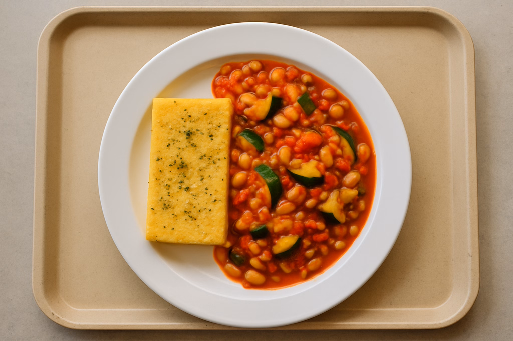 mensaVital: Veganes mediterranes Bohnen-Zucchini-Ragout dazu gekräuterte Polenta (AI Generated)