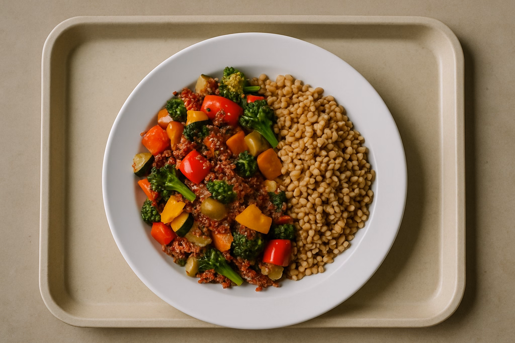mensaVital: Bunte vegane Gemüsepfanne mit frischen Paprika, Sesam & roten Quinoa dazu Zartweizen (AI Generated)