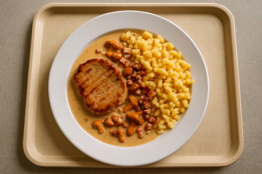 Schweinerückensteak vom Grill mit Rahmsoße von frischen Pfifferlingen & Speckwürfel Eierknöpfle aus der Pfanne (AI Generated)
