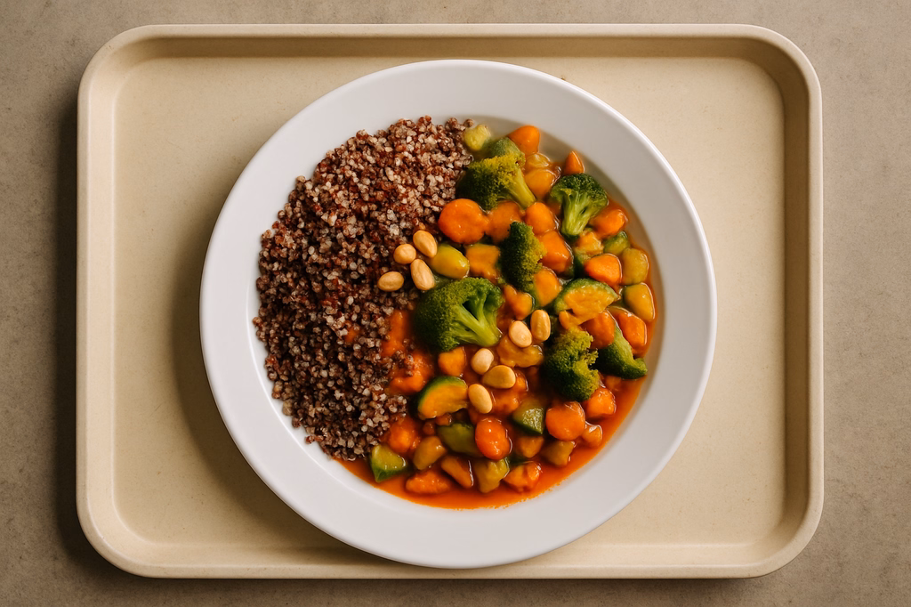 Protein - Gemüsepfanne mit weißen & roten Quinoa, Erdnüssen und pikante mauretanische Harissasoße (AI Generated)