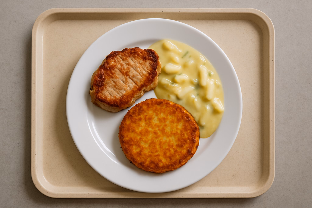 Schweinerückensteak vom Grill mit Spargelgemüsesoße Kartoffelrösti (AI Generated)