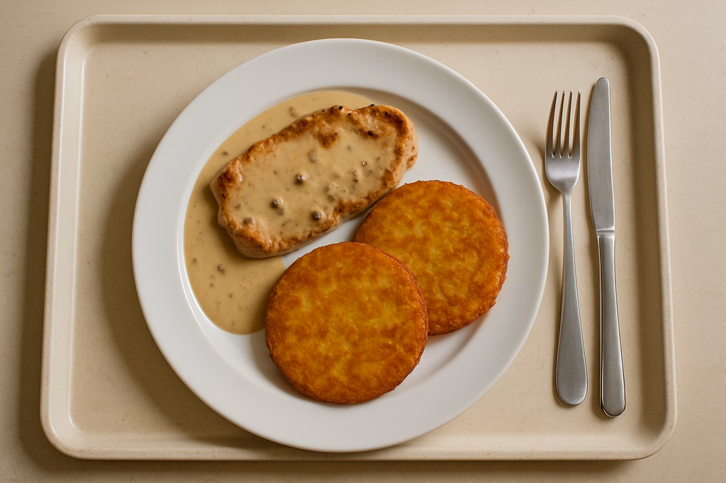 Schweinerückensteak vom Grill mit Pfefferrahmsoße Kartoffelrösti (AI Generated)