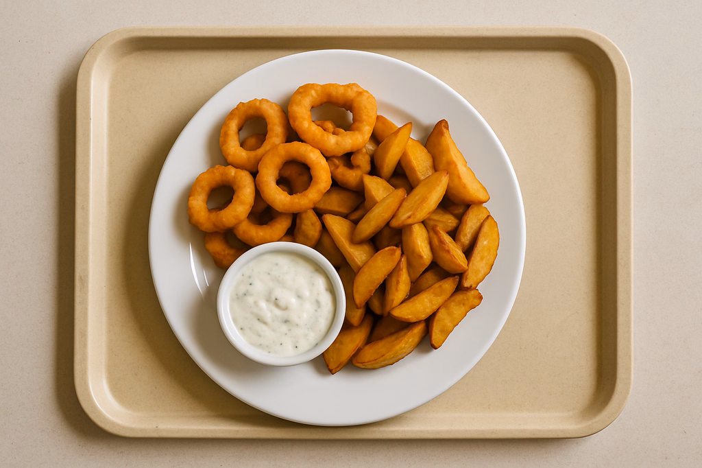 Gebackene Calamaris gebackene Patatas mit hausgemachtem Kräuter Knoblauchdip (AI Generated)