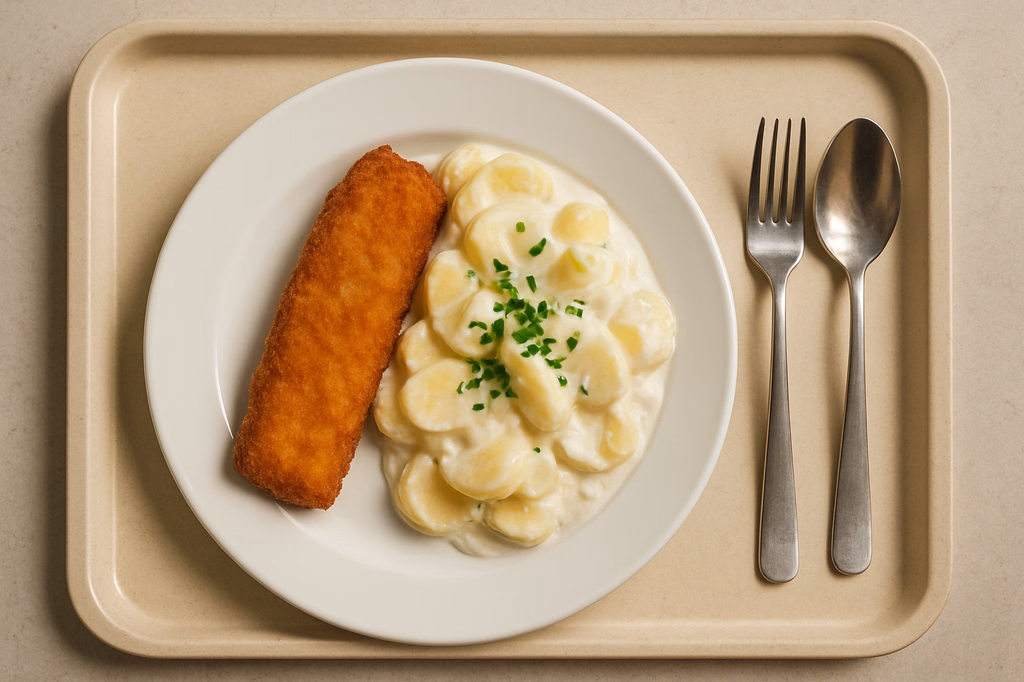 Seelachsfilet gebacken dazu Kartoffelsalat mit Apfel in veganer Creme (AI Generated)