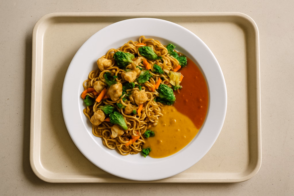 Asia Nudelpfanne mit Hähnchen, Gemüse, Koriander und freier Soßenauswahl Asia süß-saure Soße Thai Kokoscurrysoße (AI Generated)
