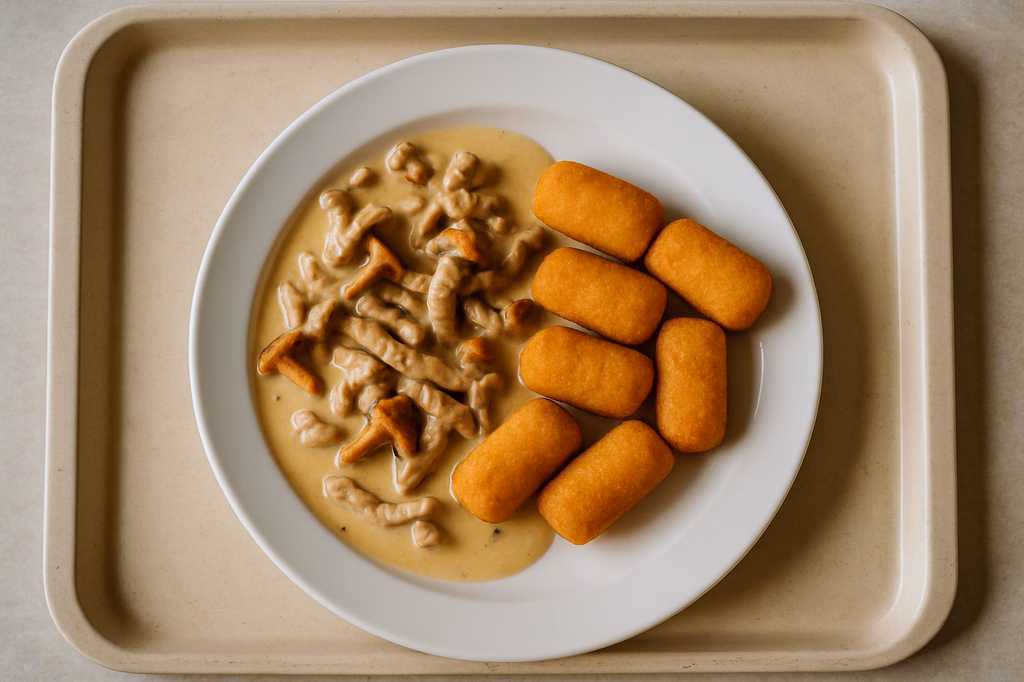 Schweinegeschnetzeltes Pfifferlingrahmsoße Kartoffelkroketten (AI Generated)