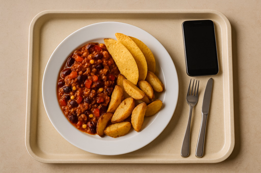 mensaVital: Veganes Soja Gemüse Chili mit Bohnen und Tacos dazu gebackene Patatas (AI Generated)