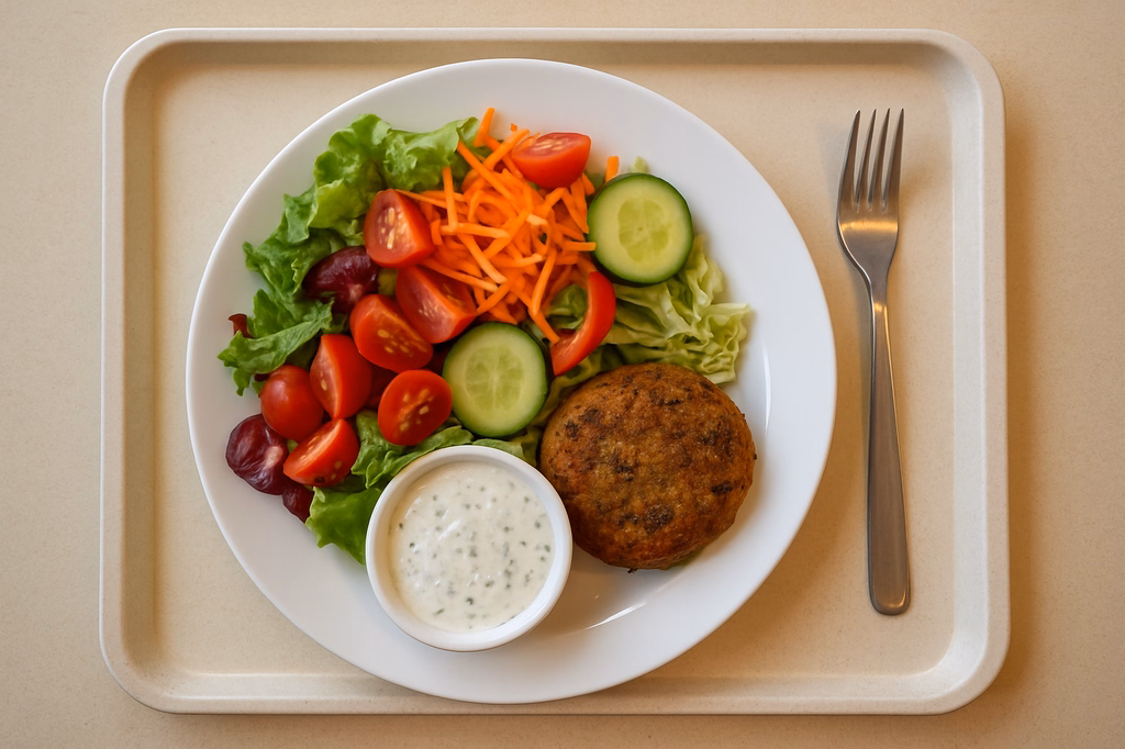 Große bunte saisonal frische Marktsalate mit Gemüsefrikadelle und hausgemachtem Kräuterdip (AI Generated)