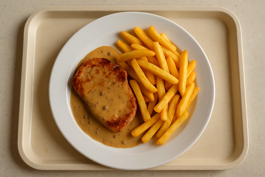 Schweinerückensteak vom Grill mit Pfefferrahmsoße Super Crunch Pommes frites (AI Generated)