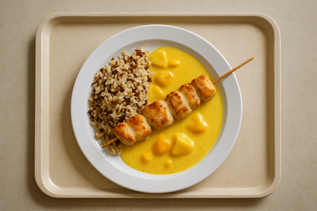 Hähnchenfiletspieß mit Kokos Früchtecurrysoße Wildreis (AI Generated)