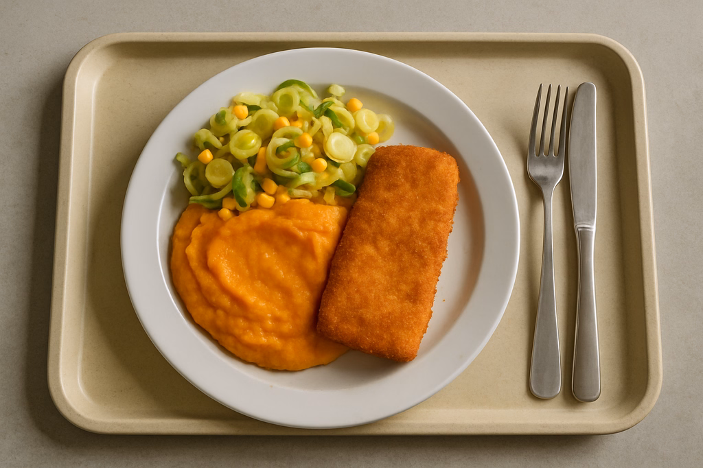 mensaVital: Seelachsfilet gebraten mit Möhren - Kürbis - Püree und Lauch - Mais - Salat (AI Generated)