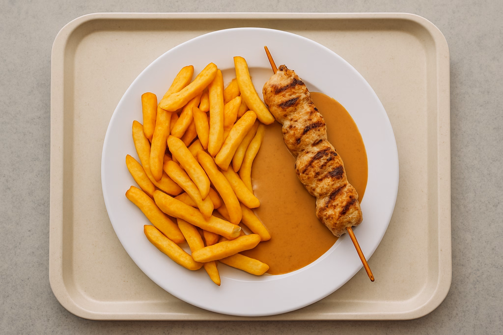 Gegrillter Hähnchenfiletspieß mit Erdnusssoße Steakhouse Pommes (AI Generated)