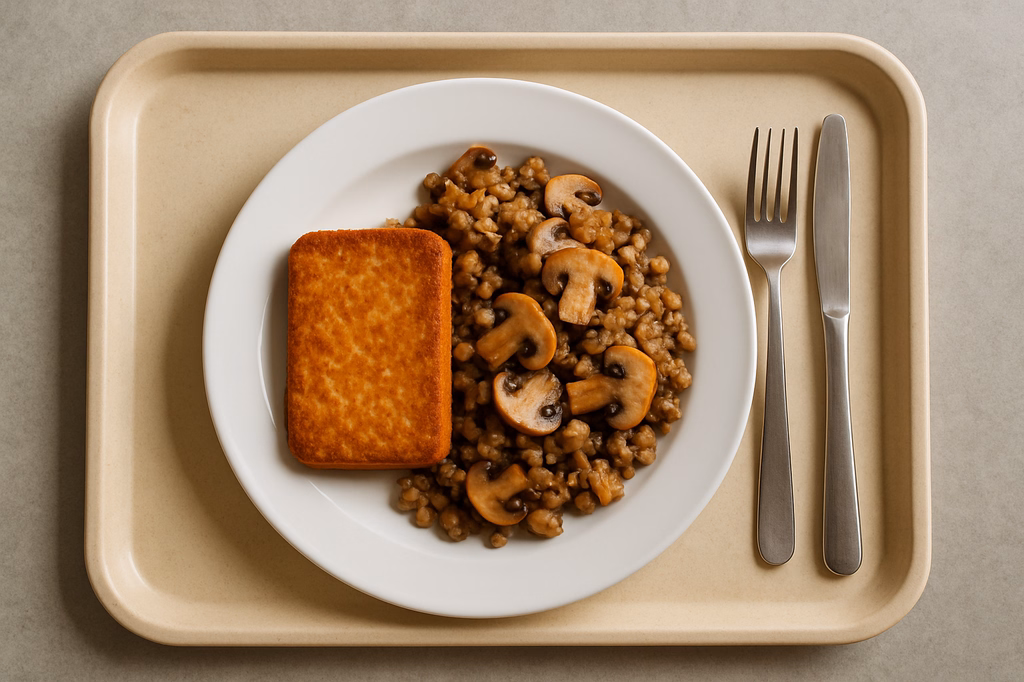 mensaVital: Tofusteak auf Buchweizen - Champignon - Pfanne (AI Generated)