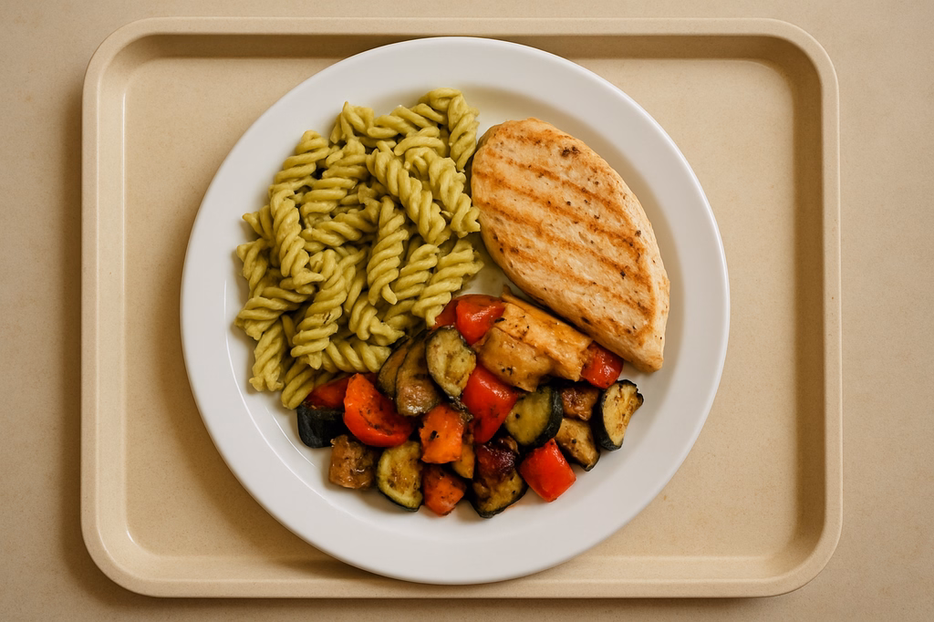 Mediterranes Grillgemüse mit Pestonudeln & gegrillter Putenbrust (AI Generated)