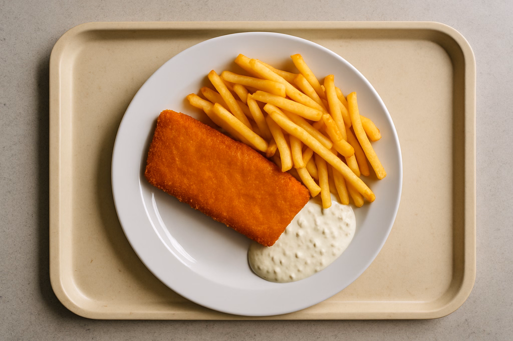 Gebackenes Seelachsfilet Super Crunch Pommes frites mit hausgemachter Remouladensoße (AI Generated)