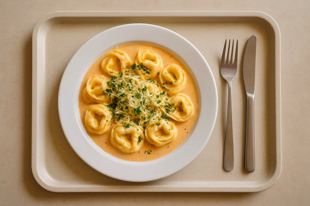 Käsetortelloni in Sahnesoße mit frischen mediterranen Kräutern und geriebenem Grana Padano (AI Generated)