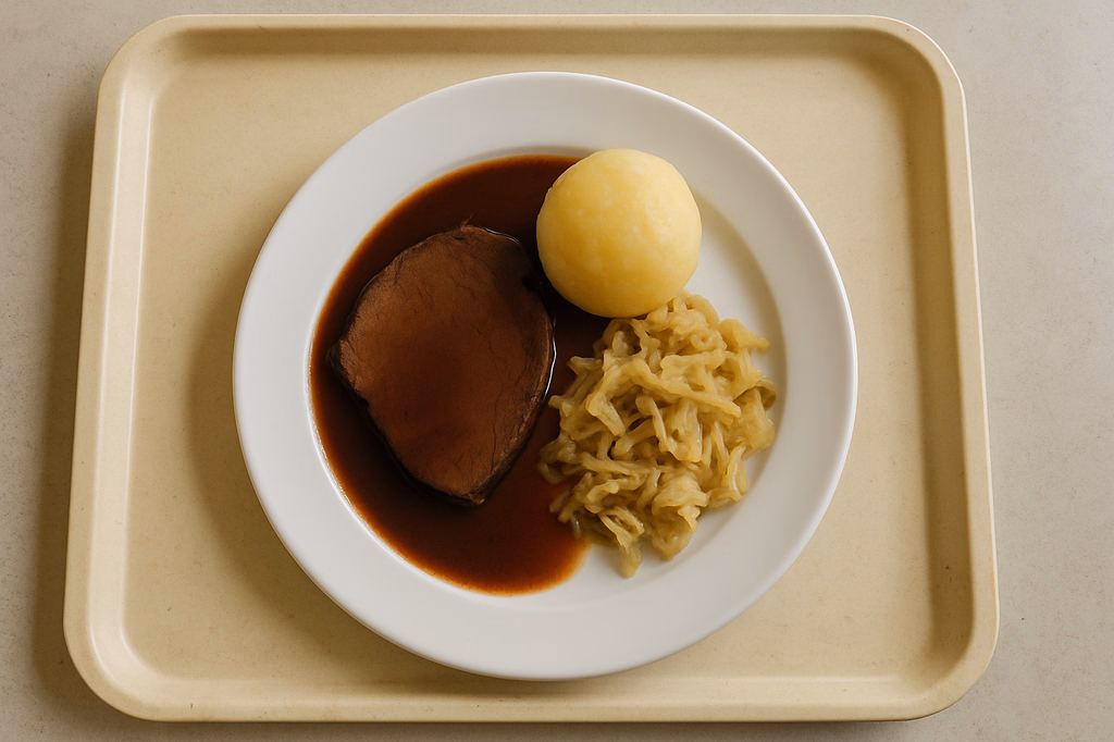 Ochsenbraten an kräftiger Rotweinsoße, dazu Kartoffelkloß Bayrisch´ Kraut (AI Generated)