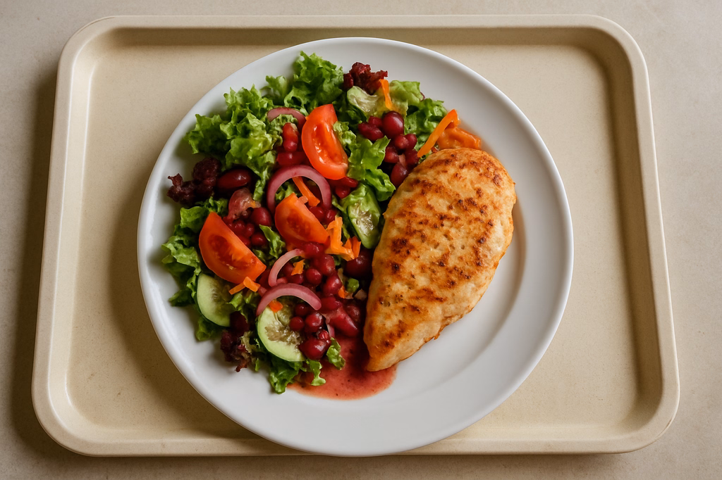 Große bunte saisonal frische Marktsalate mit hausgemachten Granatapfeldressing Gegrilltes frisches Maishähnchenbrustfilet (AI Generated)