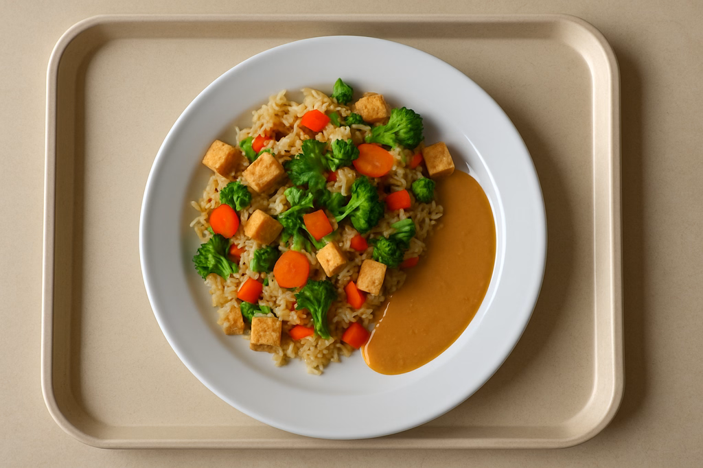 Asia Reispfanne mit Tofu, frischem Gemüse, Koriander und Soße zur Auswahl Asia süß-saure Soße Erdnusssoße (AI Generated)