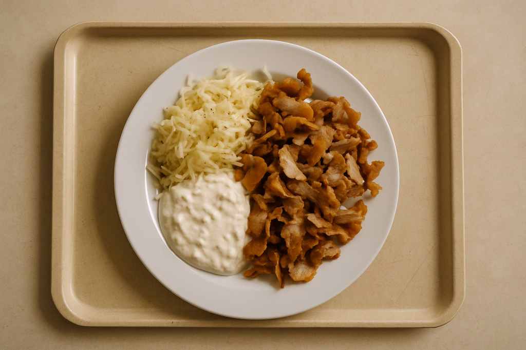 Kebabteller vom Drehspieß mit hausgemachtem Tsatsiki und Weißkrautsalat (AI Generated)
