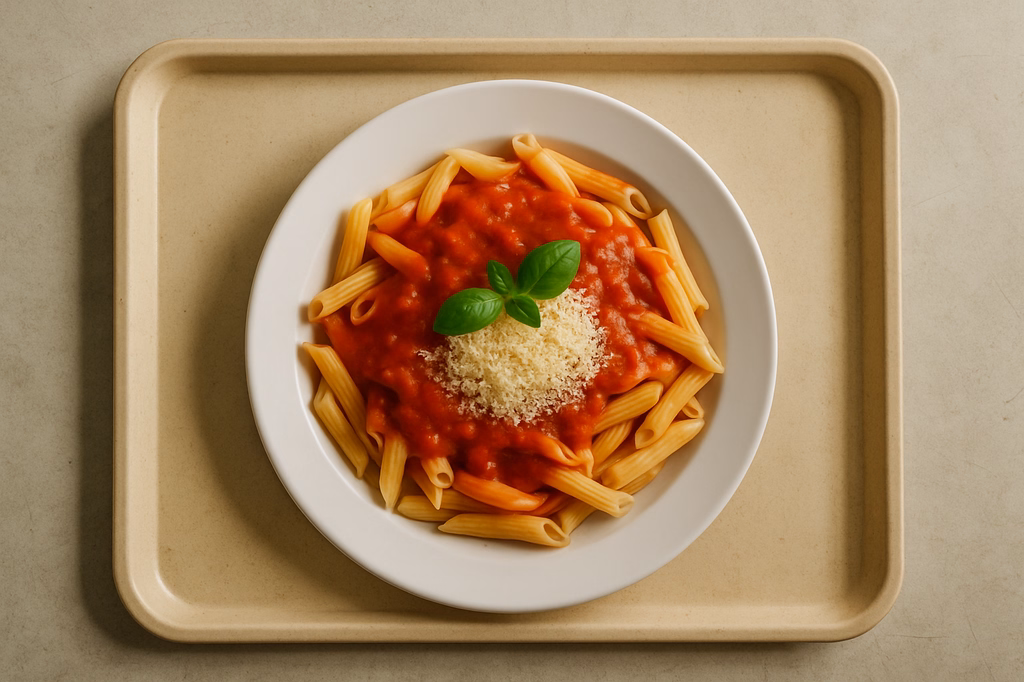 Pasta " Neapolitana" mit Tomatensoße, Basilikum & veg. Reibkäse (AI Generated)