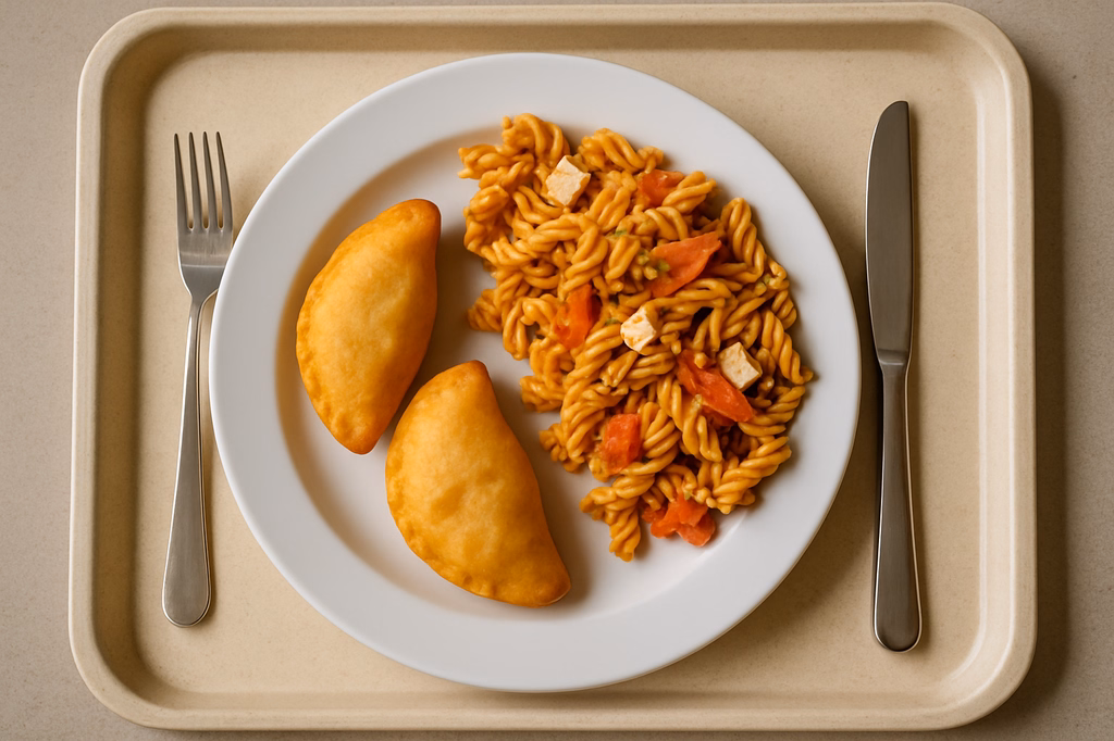 Kartoffeltaschen gefüllt mit Tomaten & Mozzarella, dazu mediterraner Nudelsalat (AI Generated)