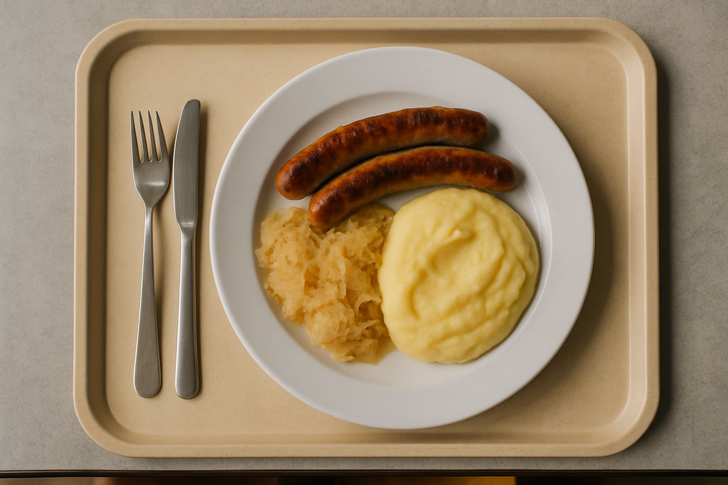 Fränkische Bratwürste mit Weinsauerkraut, dazu hausgemachtes Kartoffelpüree (AI Generated)