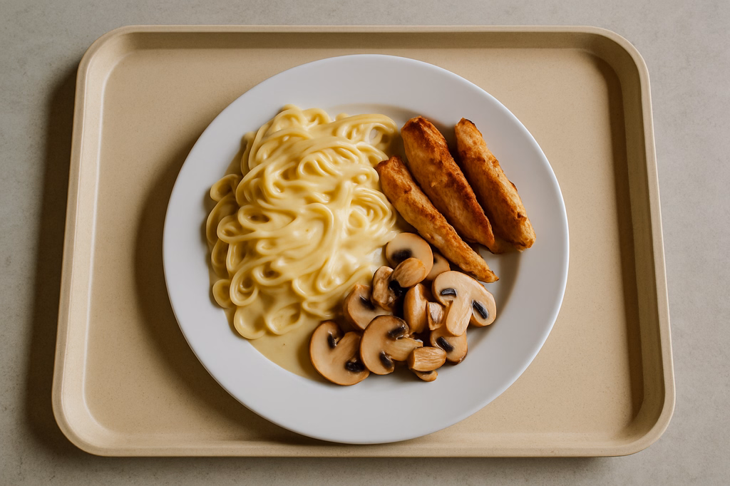 Pasta mit Sahnesoße, Hähnchenfiletstreifen & frischen Champignons (AI Generated)