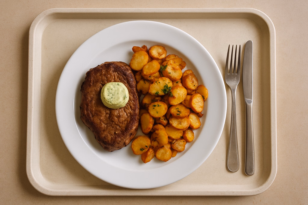 Rumpsteak vom Grill - medium gebraten - mit hausgemachter Kräuterbutter und Bratkartoffeln aus der Pfanne (AI Generated)