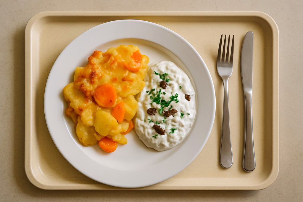 mensaVital: Kartoffel - Karottengratin mit Kräuterschmand dazu Rosinen - Mandelquark (AI Generated)