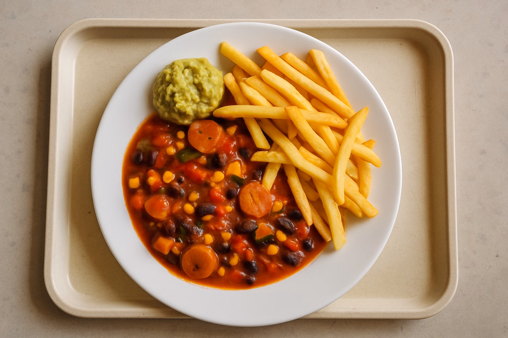 Mexikanisches Gemüseragout mit Pommes frites und Guacamole (AI Generated)