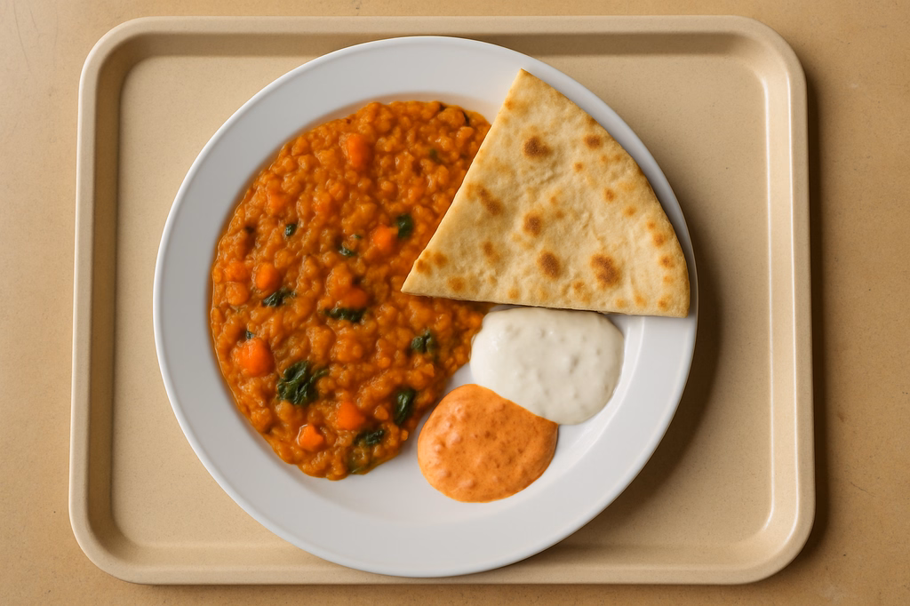 Rotes Linsen Dal mit Gemüse und Ingwer, veganer Joghutsoße & Fladenbrot veganer Tandoori Dip (AI Generated)