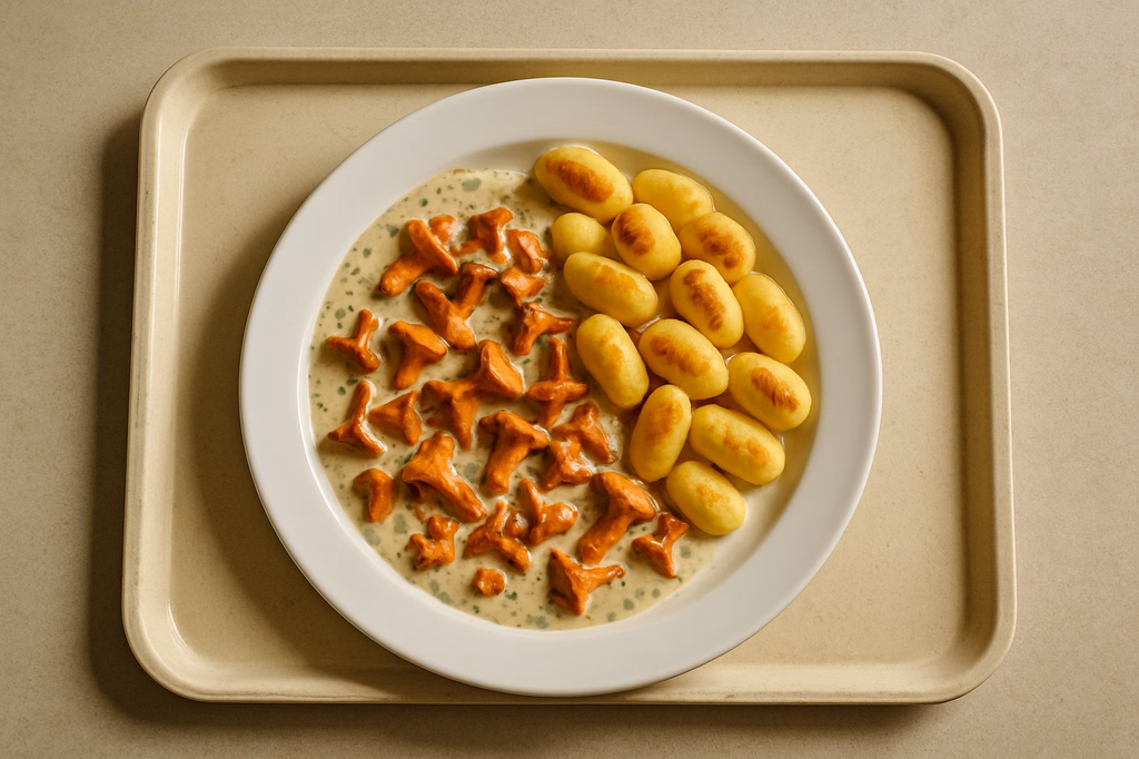 Frische Pfifferlinge in Kräuterahmsoße, dazu Gnocchi aus der Pfanne (AI Generated)