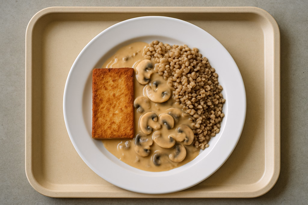 mensaVital: Tofusteak mit Champignionsoße und Buchweizen (AI Generated)