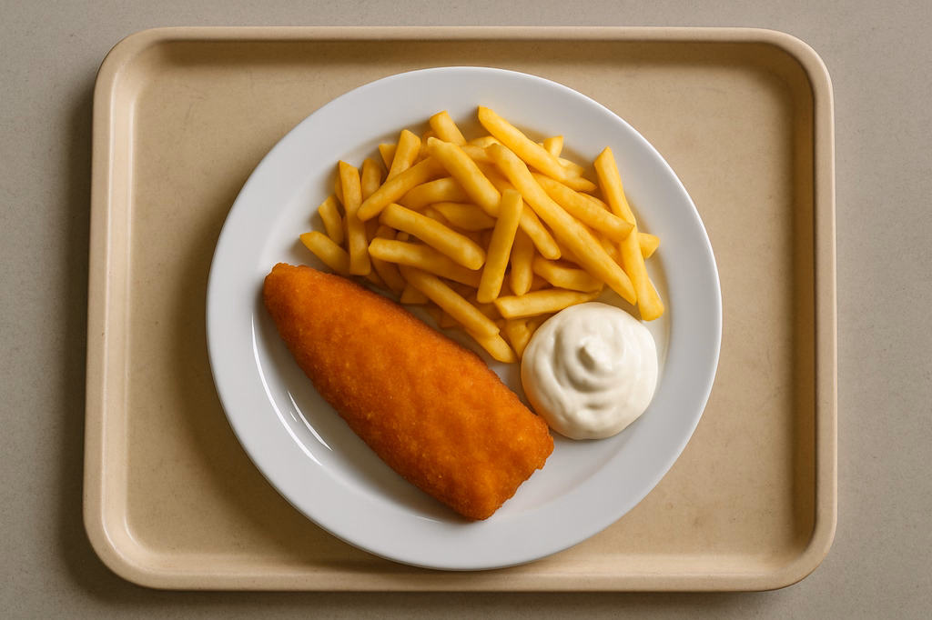 Seelachsfilet gebacken mit Mayo Dip und Pommes frites (AI Generated)