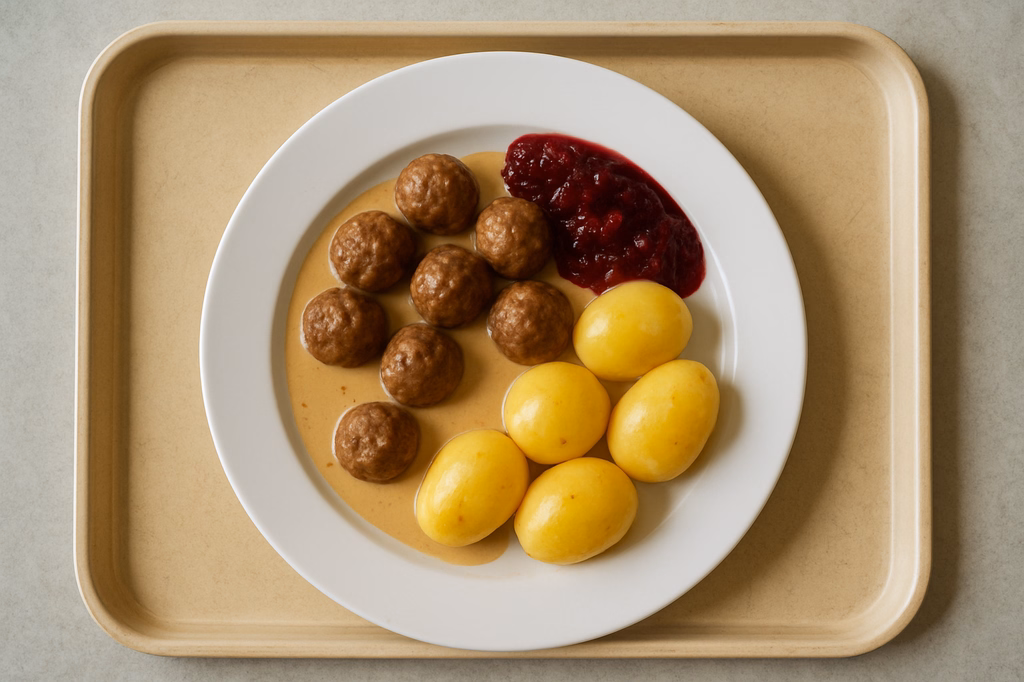 "Köttbullar" feine Hackfleischbällchen mit Preiselbeeren Rahmsoße Dampfkartoffeln (AI Generated)